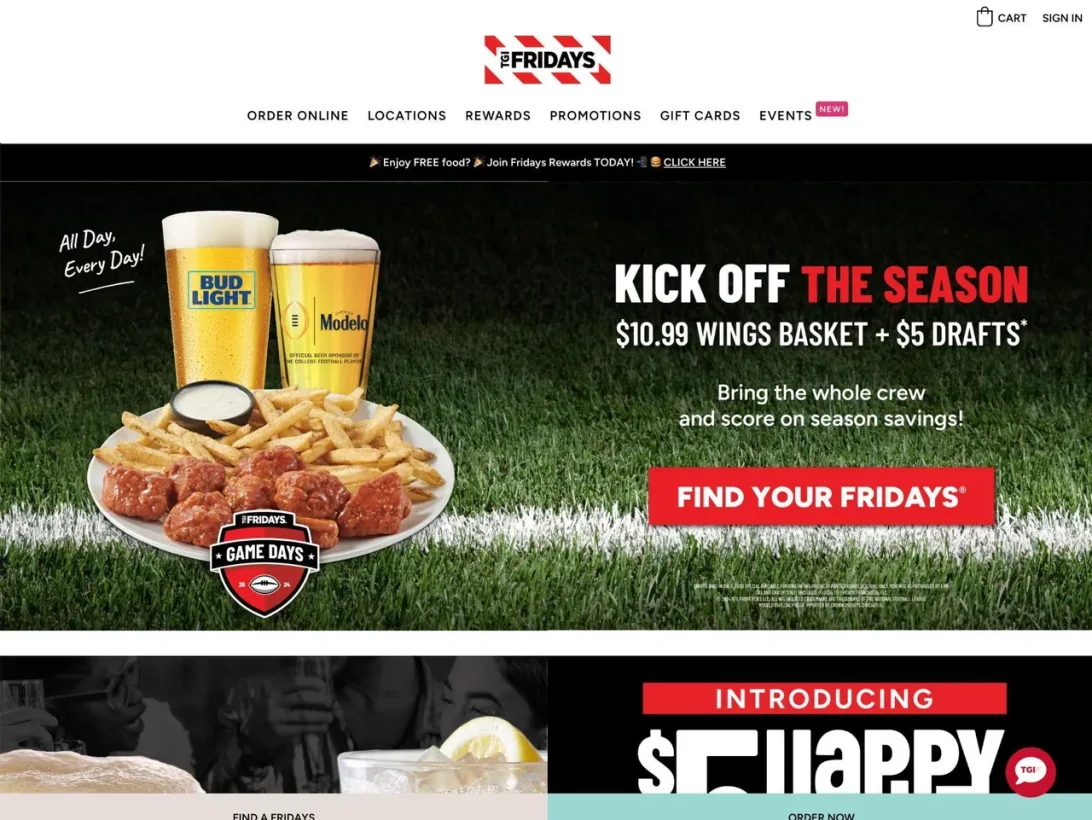 TGI Fridays home page after the move from SAP Commerce Cloud to WordPress